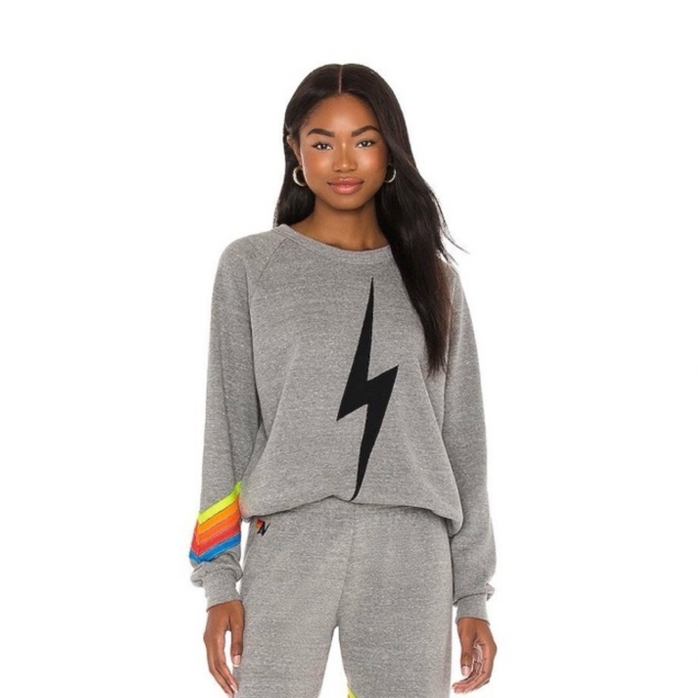 Aviator Nation Bolt Chevron Stripe Neon Sweatshirt In Heather Grey Crewneck